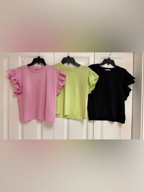 Zara Ruffle Sleeve Tops Bundle Pink Green Black Size Small (3 Pack)